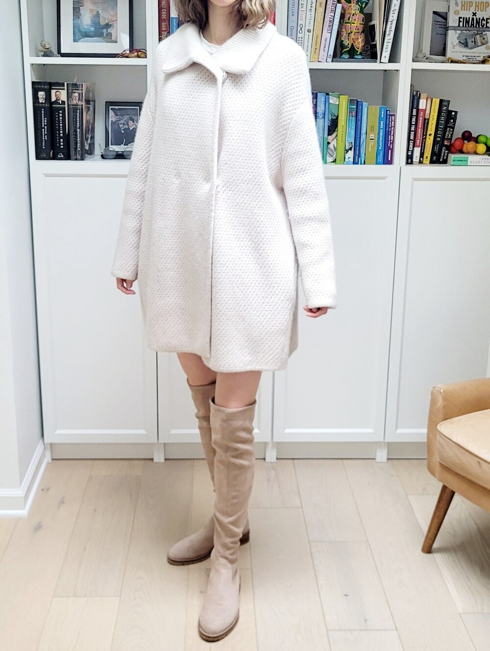 360 Sweater Cream Textured Racoon Yarn And Wool Pea Coat
